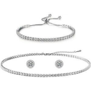 Silver Tennis Necklace Bracelet Earrings Set Wedding Jewelry Bridesmaid Prom Gif